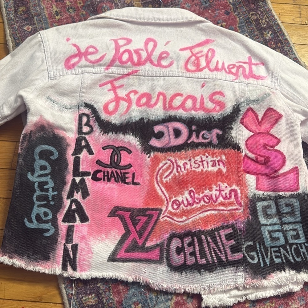 Custom painted white denim size medium Jean jacket “